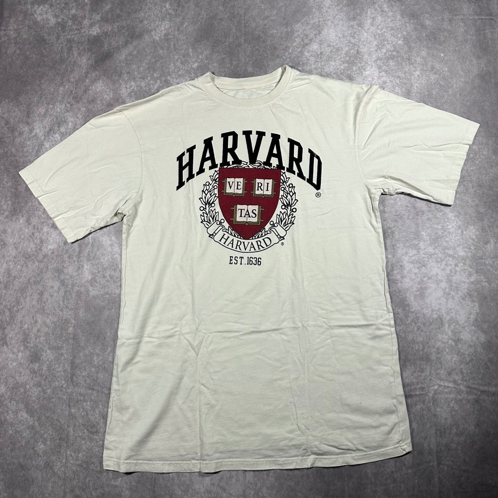 Harvard University T Shirt‎ Large Tall Cream Off White Graphic Crest Collegiate